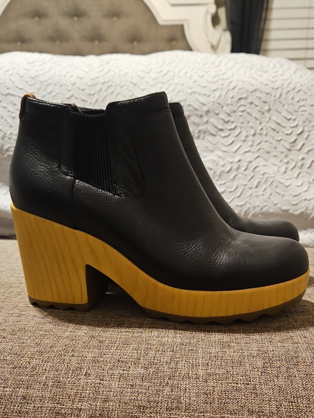 Dr. Scholl's Black Leather Ankle Booties with Yellow Wood-Effect Platform